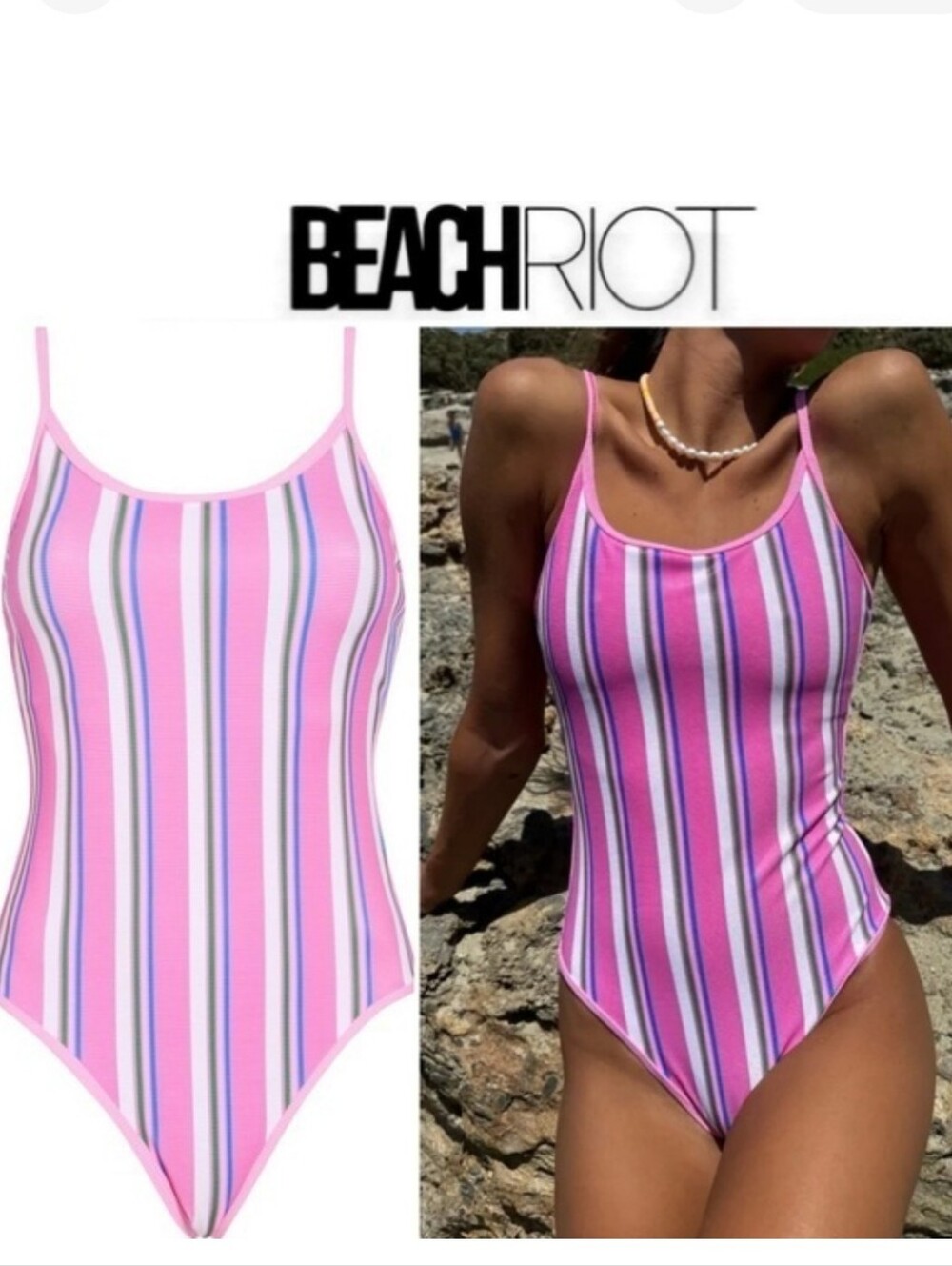 NWT Beach Riot  Naomi Pink Striped Scoop One-Piece Swimsuit